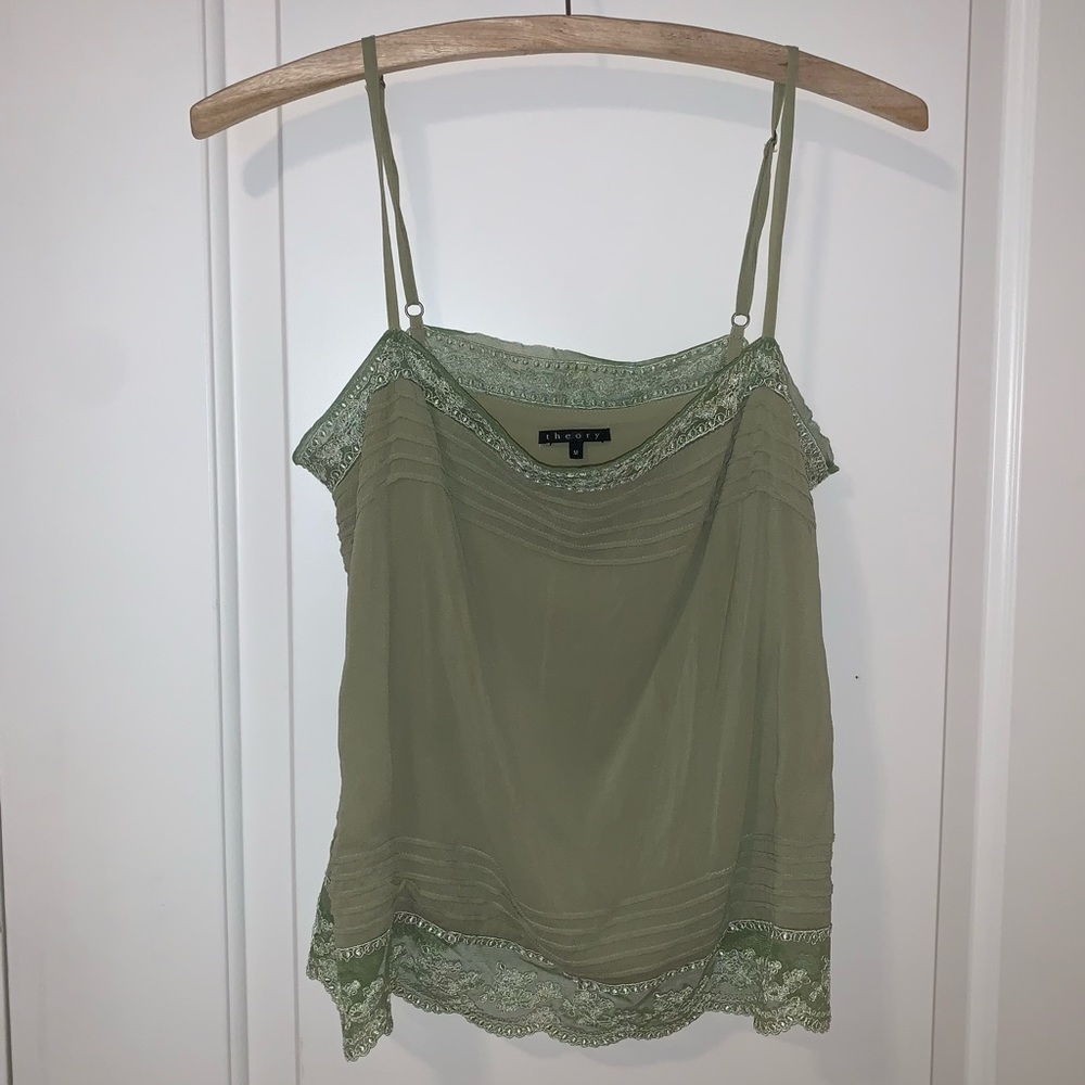 Theory Green Floral Lace Trim Detail Silk Cami Camisole Tank Top Size M